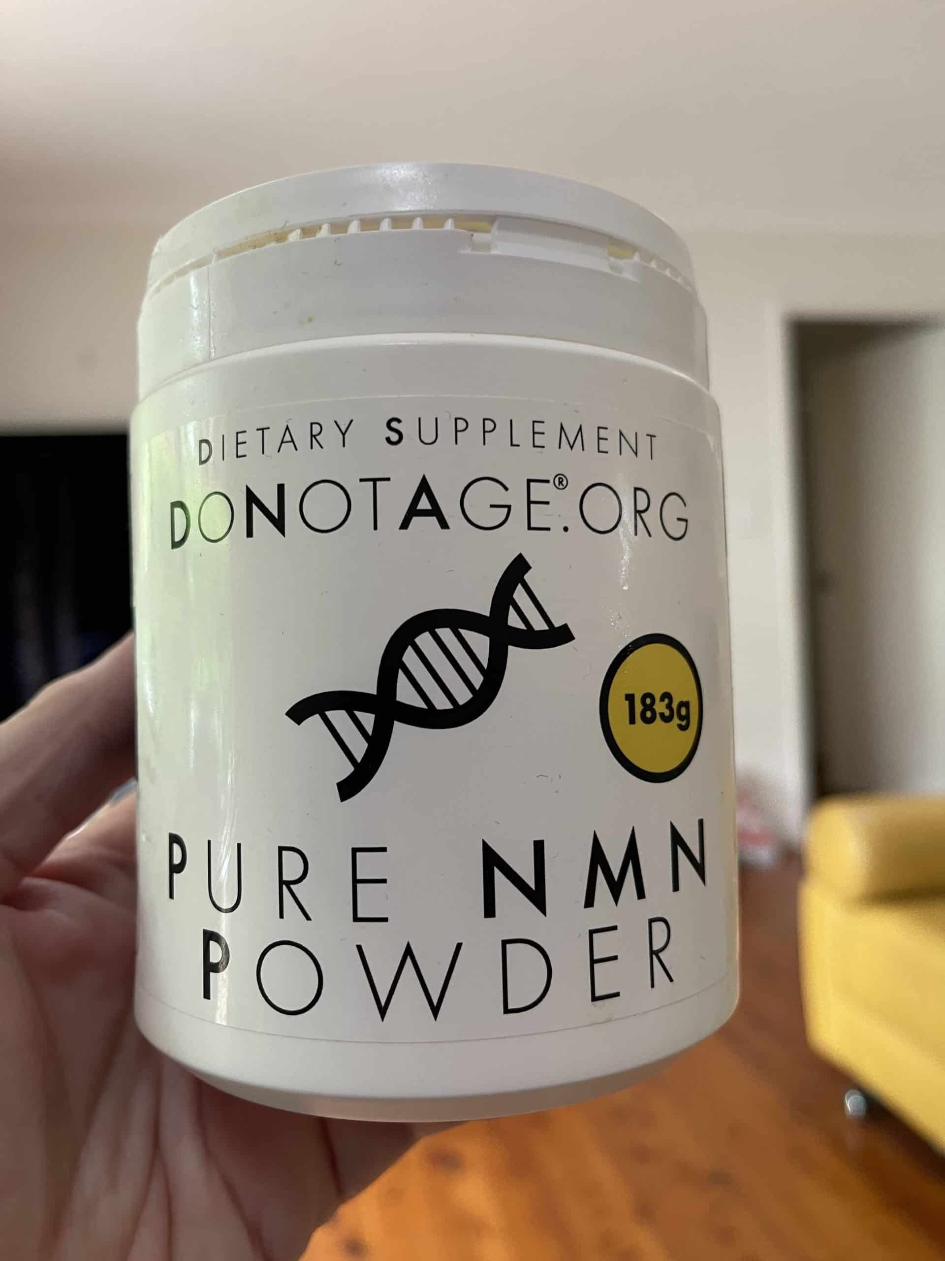 A container of DoNotAge NMN 183g powder container from my last order that I saved 10% by using the LONGEVITYFAQ Coupon Code