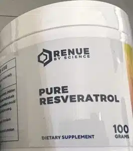 A 100g container of RENUE BY SCIENECE Pure Resveratrol Powder (Trans)