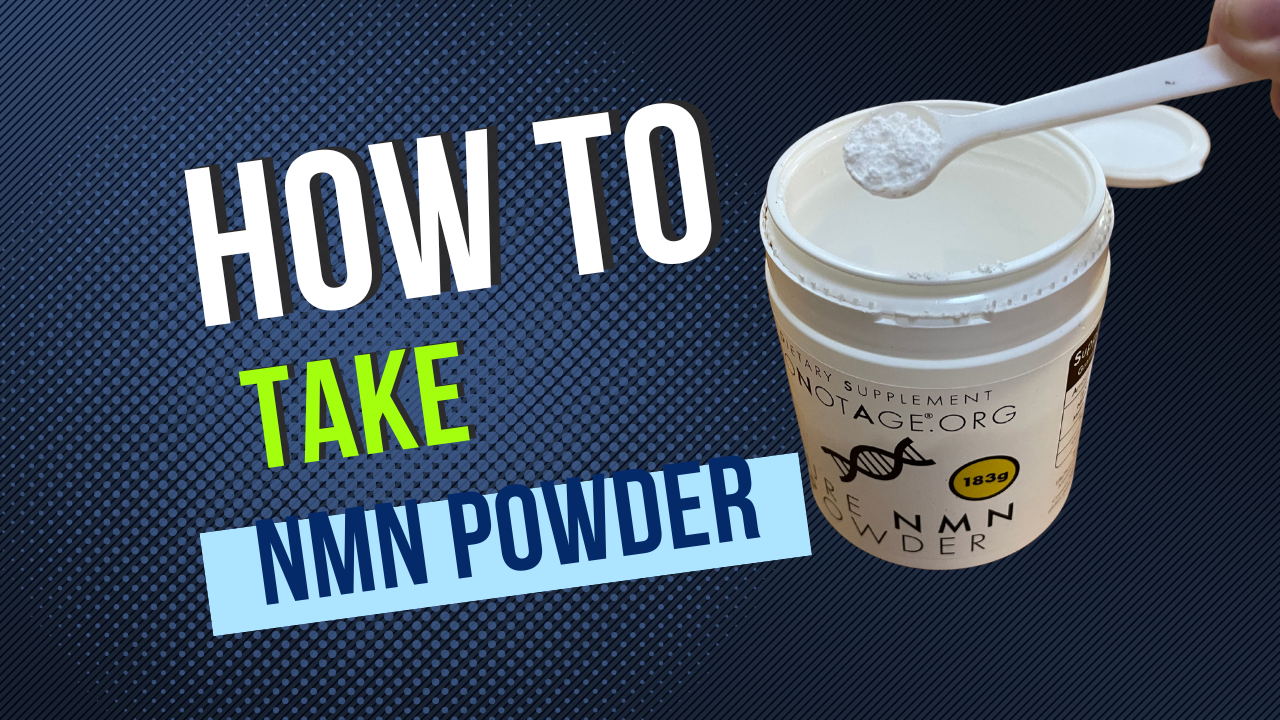 A container of NMN powder with a dosage scoop and the words how to take NMN powder