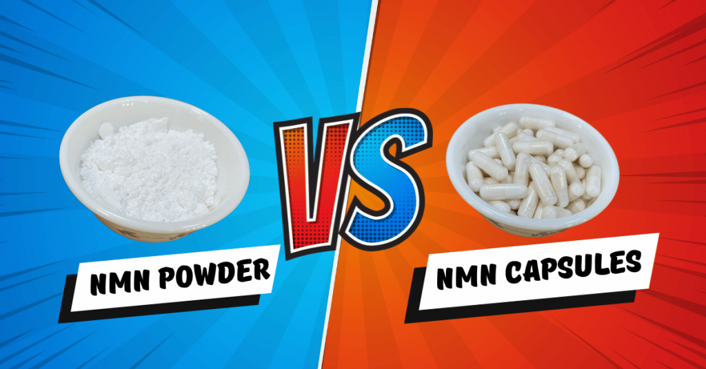A photo of NMN Powder and NMN Capsules with the writing NMN Powder VS NMN Capsules